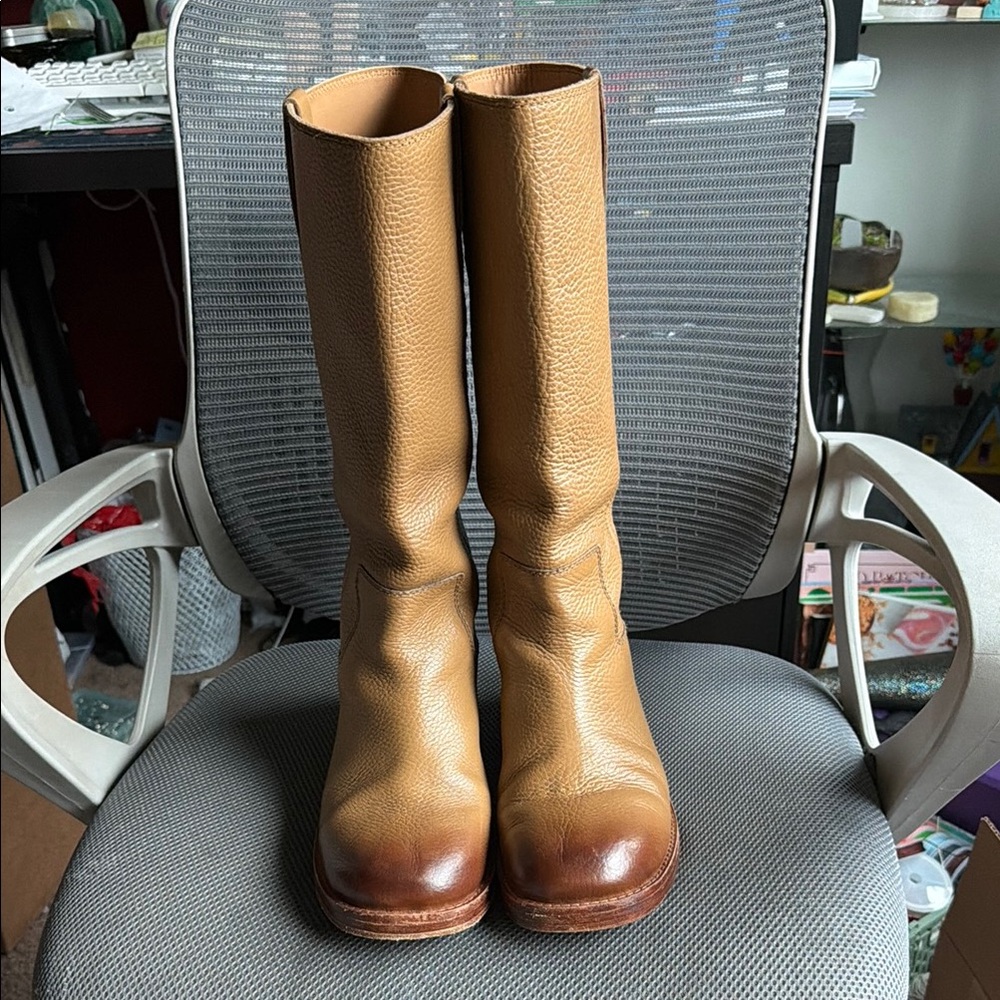 Free people blaze boots 
Tan Leather Mid-Calf Boots with Burnished Toes